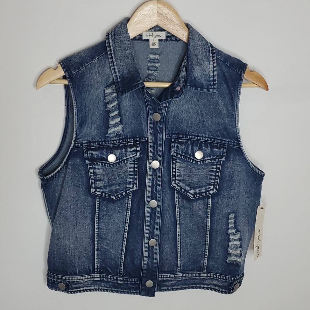 NWT Tribal Jean Distressed Jean Jacket Vest